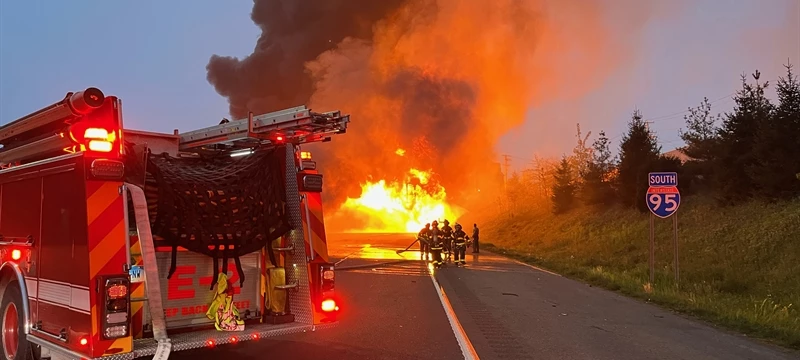 Multi-Vehicle Accident on I-95 Involving Tanker Carrying Gasoline Causes Massive Fire