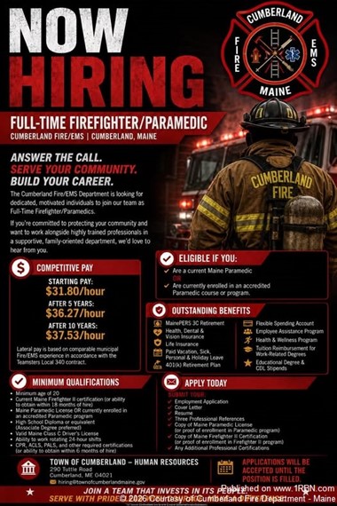 Cumberland Fire Department Accepting Applications for Full-Time Firefighter/Paramedic