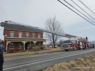 Ladder 38 of the East Greenville Fire Company on the scene of a dwelling fire