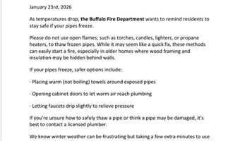 Buffalo Fire Department Urges Safe Practices as Freezing Temperatures Increase Risk of Pipe Damage