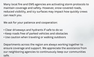 East Brentwood Fire Department Issues Winter Storm Update, Urges Residents to Take Precautions