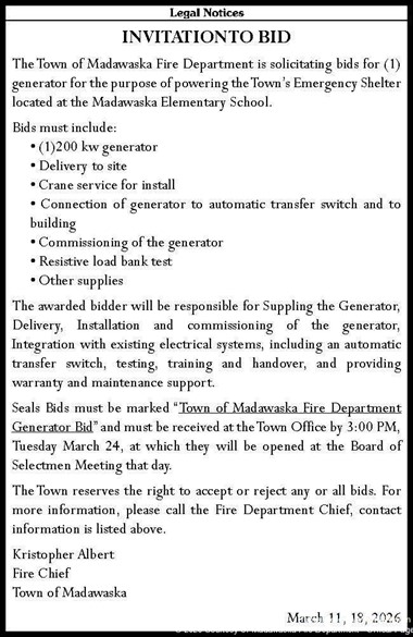Madawaska Fire Department Issues Invitation to Bid for Emergency Shelter Generator