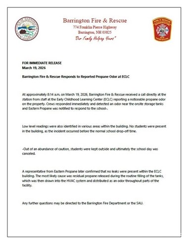 Barrington Responds to Propane Odor at Early Childhood Center