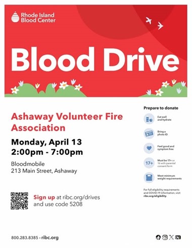 Ashaway Volunteer Fire Association Hosts April Blood Drive to Support Lifesaving Efforts