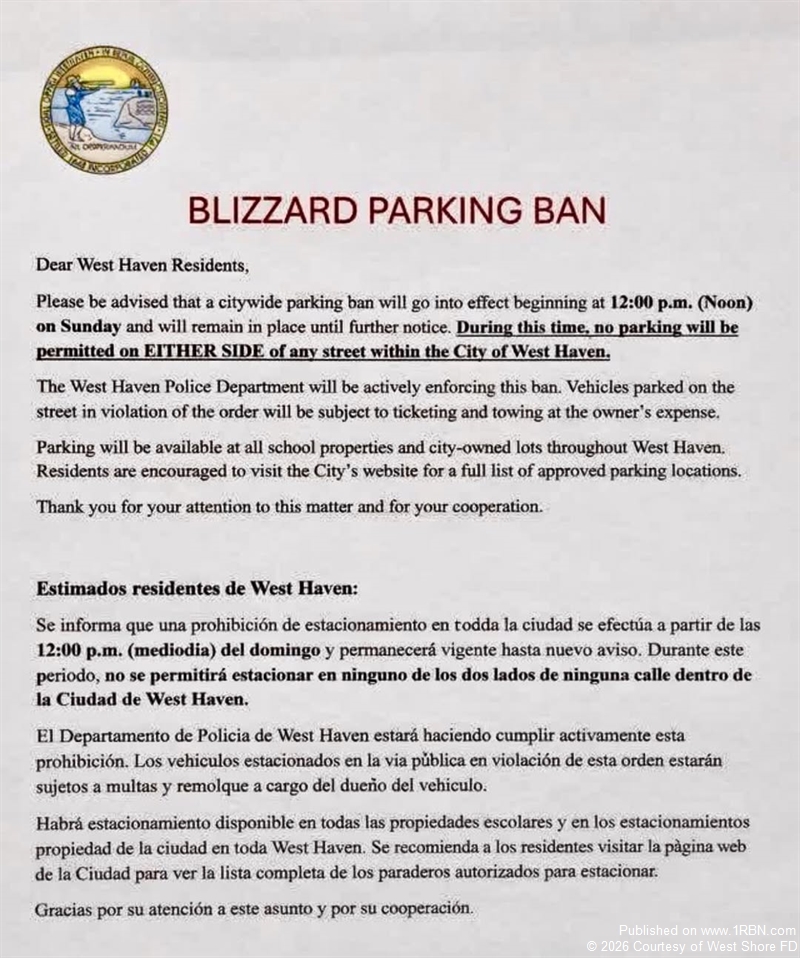 West Haven Issues Citywide Blizzard Parking Ban Ahead of Winter Storm