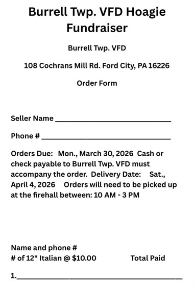 Burrell Township VFD Announces Fisherman’s Lunch and Hoagie Fundraiser