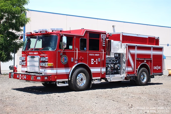 Perth Amboy Engine 1 has been assigned a 2026 Pierce Arrow XT 2000-gpm pumper. The raised roof has six seats and the extended bumper has an intake and discharge gate. In addition, there are two rear discharge gates, roll-out tool trays, and a small compartment under the rear hose bed for pike poles. It was sold by Fire & Safety Services.