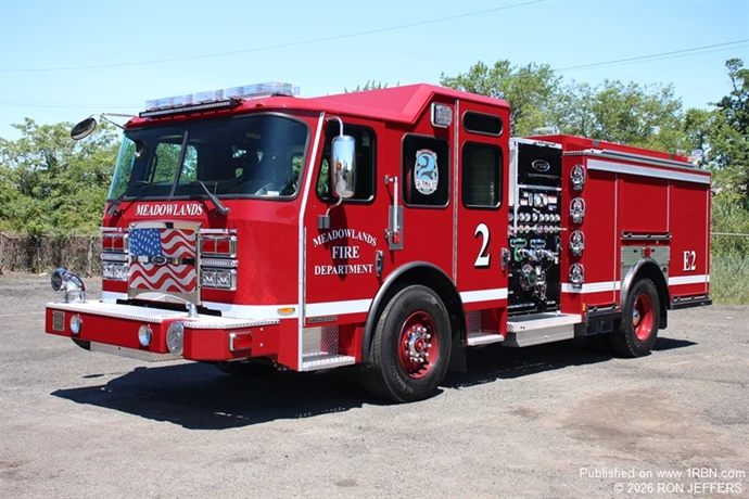 On June 9th, the Meadowlands Fire Department, in East Rutherford, received their new Engine 2. This is a 2025 E-One Typhoon "Metro Series" 1500-gpm/780-gwt model. The raised roof cab has six seats. The front bumper has an intake and front "jump line" discharge gate. There are three cross-lay beds and two rear discharge gates. A booster reel is located in a compartment under the low rear hose bed. There is ground ladder and pipe pole hose bed compartment space, along with wheel well storage, plus scene lights. It was sold by Absolute Fire Protection Co.