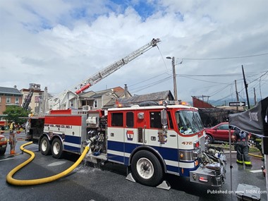 Ladder 47-21 of the Lehigh Township Fire Company on the scene and in service