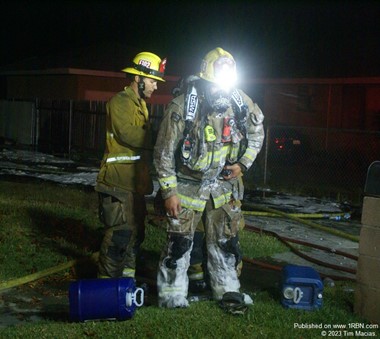 Monrovia Fire Dept Engineer Kyle McKee and Firefighter-Paramedic Angel Arroyo.