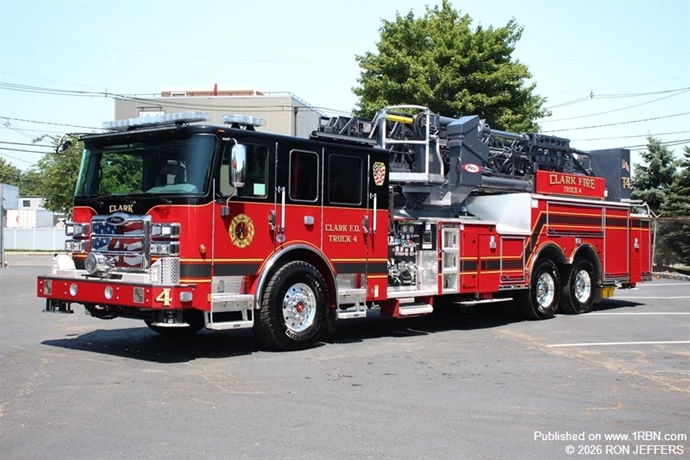 On July 23rd, Clark Truck 4 was delivered to the C.F.D. It is a 2026 Pierce Enforcer 2,000-gpm/300-gwt/100-foot Ascendant model platform. The cab has six seats. Features include two cross-lay beds, scene lights, rear tunnel ground ladder storage, plus two monitors and two discharge gates in the bucket.