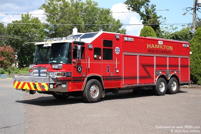 The Hamilton F.D. placed this 2014 Pierce Quantum heavy rescue into service. The cab has six seats and it has a walk-through rescue box. Features include a 9000-lb portable winch, coffin style compartments and scene lights. It has a 500-gpm pump and 500-gallon water tank. It saw original duty with the Franklin Fire Company in Mansfield Twp.