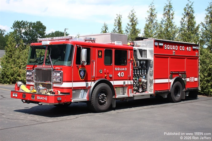 Robbinsville Squad 40 has been assigned a 2025 Seagrave Marauder 1500-gpm/720-gwt/30-gft rescue-pumper. The cab has seven seats and storage space. Features include roll-out tool trays, a 9000-lb portable winch, three cross-lay beds, two-rear discharge gates, and a Harrison 15 kW generator. There is a rear compartment for two hard suction hose, plus ground ladders are stored in a hose bed compartment. There is a booster reel located above the pump on the officer