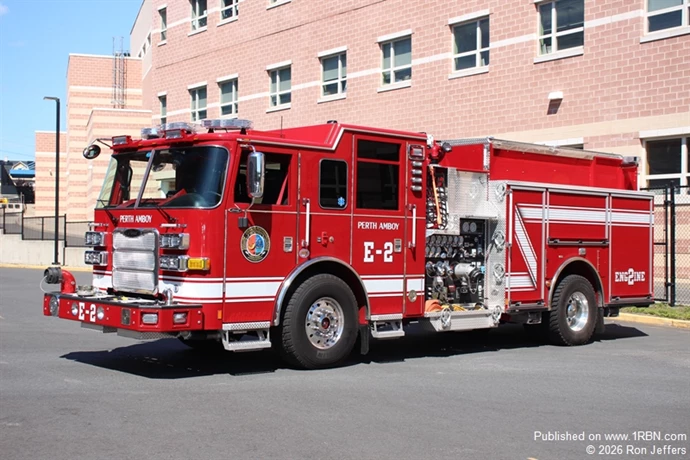 Perth Amboy Engine 2 has been assigned a 2026 Pierce Arrow XT model 1500-gpm/750-gwt pumper. The cab has six seats and equipment chargers. It has a low rear hose bed, hydraulic ladder rack, deck gun, wheel well storage space, scene lights and roll-out tool trays. It was sold by Fire & Safety Services.