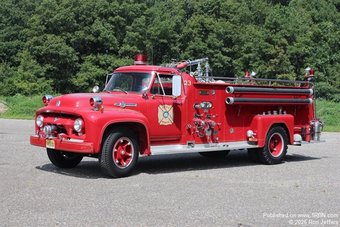 Neptune City Engine 23 used this 1954 Ford Big Job model/Oren/Great Eastern 500-gpm pumper. It is now part of the Southern Monmouth County Fire Museum, at camp Evans.