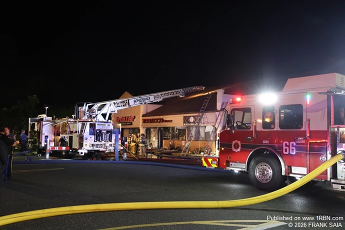 Crews at the front of the building at the working fire at 624 White Horse Pike, Somerdale, NJ on October 8, 2026.
