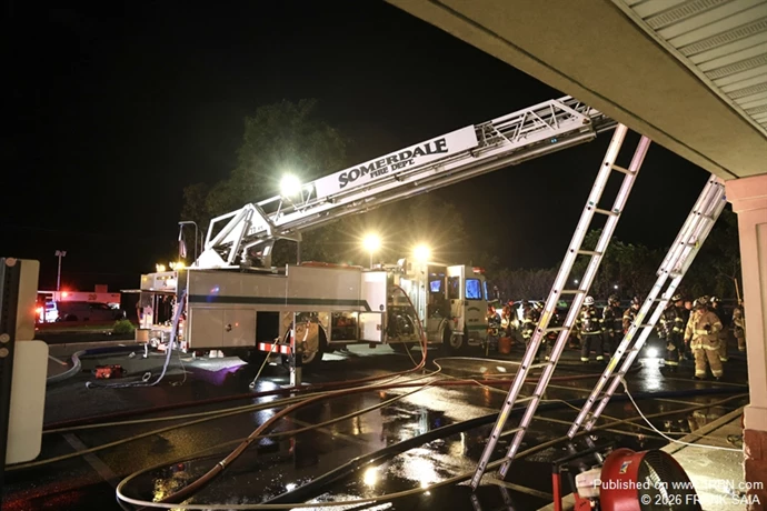 Somerdale was able to utilize their Quint for hose line deployment and raise the aerial to the roof at the working fire at 624 White Horse Pike, Somerdale, NJ on October 8, 2026.
