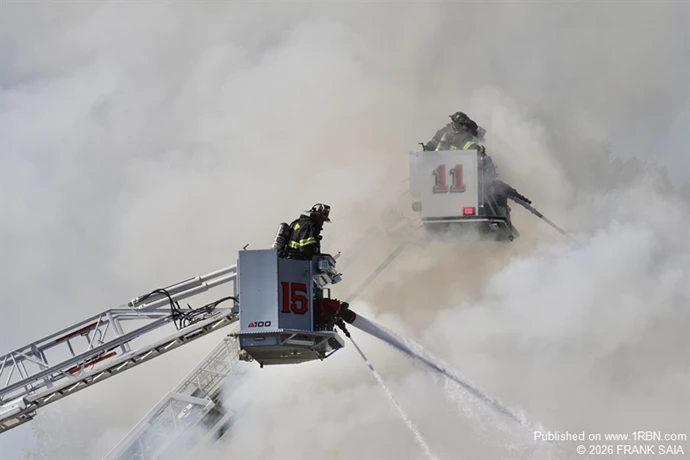 The Pennsauken and Westmont towers ladders work to knock down fire in the roof area at the All Hands fire at 6001 Westfield Avenue, Pennsauken, NJ on October 19, 2026.