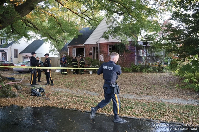 A Haddon Heights police officer establishes a police line at this fatal fire in Haddon Heights, NJ on October 24, 2026.