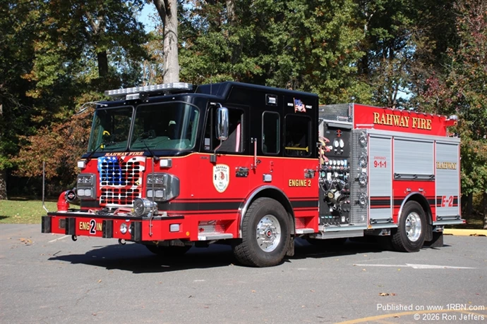Rahway Engine 2 is a new Spartan Extreme Duty 1500-GPM/750-GWT pumper. The cab features a 10-inch raised roof with seating for six and equipment chargers. Additional features include three cross-lay hose beds, a rearview camera, scene lighting, left and rear discharge gates, a low rear hose bed, an elevated deck gun, and wheel well storage. The apparatus was sold by Campbell Supply Co.