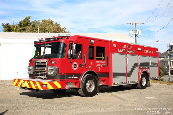 East Orange Rescue Co. 1 has been assigned a 2025 Spartan/Rescue 1 apparatus. The cab features seating for six and equipment chargers. Additional features include a portable winch, coffin-style compartments, anchor points, a rehab awning on the officer’s side of the apparatus, and rear step compartment space.