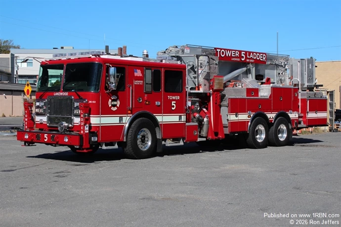 Lakewood Tower Ladder 5 has been placed into service with a 2026 Seagrave 75-foot Aerialscope platform. The cab features seating for six. Additional features include scene lighting and rear tunnel storage for ground ladders.