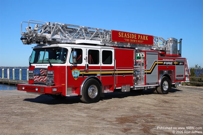 Seaside Park Engine 4505 is a 2026 E-One Typhoon 1500-GPM/470-GWT/30-GFT/100-foot quint. The cab features seating for six. Additional features include three cross-lay hose beds, scene lighting, a rearview camera, and aerial operation controls located at the pump panel. The extended front bumper is equipped with an inlet and discharge gate. The new apparatus replaces a Tele-Squrt model and was sold by Absolute Fire Protection Co.