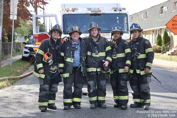 Camden R-1 Capt. Mike Labar poses for a group shot with his company following a recent working fire.  Capt. Labar is set to retire after serving for almost thirty years in the Camden Fire Department.  L-R FF Alex Torres, Capt. Mike Labar, FF Steve Skipton, FF Delvin Amonte, and FF Chris Barrientos Jr.