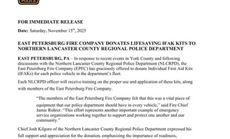 East Petersburg Fire Company Donated IFAK Kits to Northern Lancaster County Regional Police Department