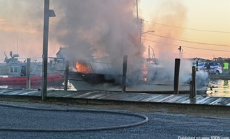 First Responders from Numerous Departments Battle Boat Fire in Mastic Beach