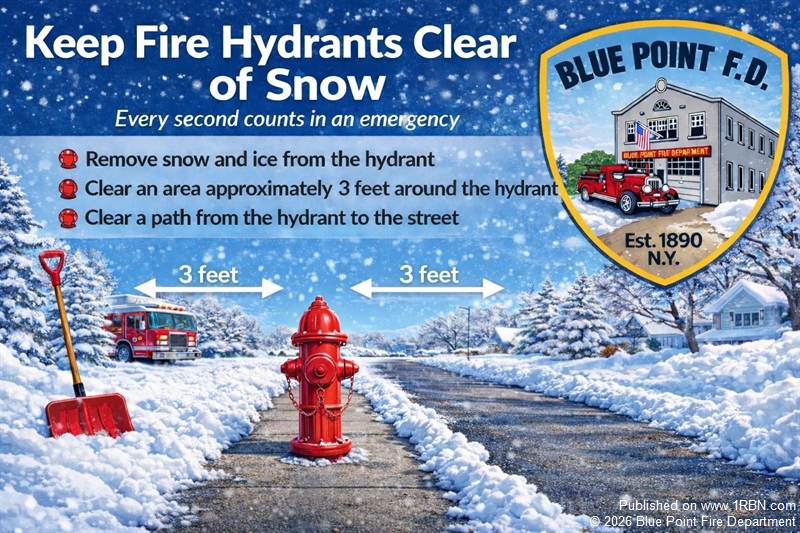 Blue Point Fire Department Urges Residents to Keep Fire Hydrants Clear Ahead of Winter Storm Fern